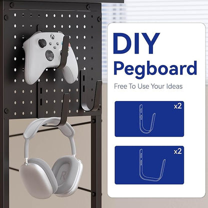 Pamray 64 Inch L Shaped Gaming Desk with Power Outlets and Led Lights, Large Corner Computer Desk with Monitor Stand and Pegboard, PC Table for Home Office and Bedroom Marble