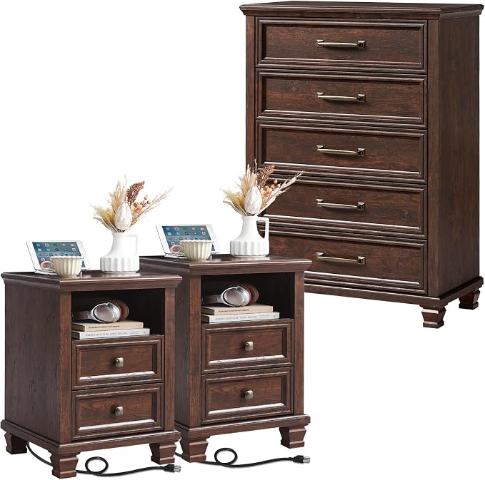 SAVOR LIFE Farmhouse Bedroom Dresser and Nightstand Set, 5 Drawer Dresser & 2 Drawer Nightstand Set, Rustic Wood Bedroom Furniture Set for Home, Walnut