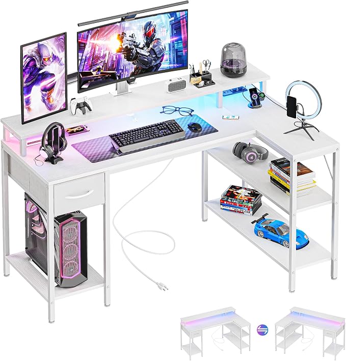 DUMOS 53" Gaming Desk with USB Charging Ports & LED Lights, Reversible L-Shaped Corner Computer Table for Small Spaces, Power Outlets, Monitor Stand & Storage Shelves Included, White