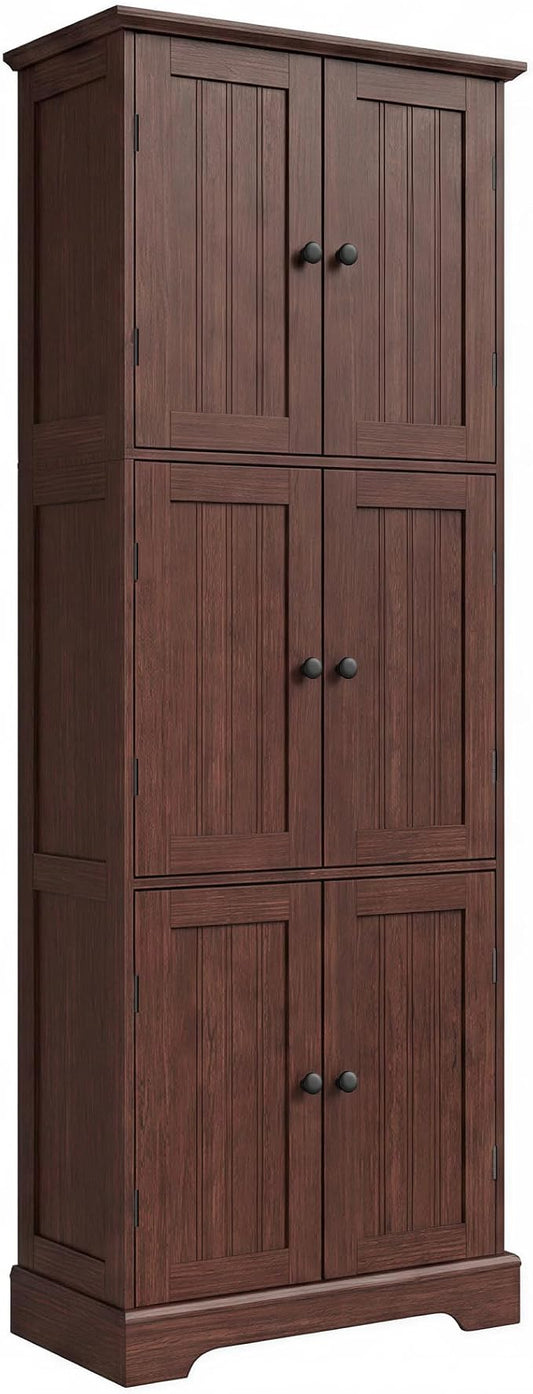 ChooChoo Tall Bathroom Storage Cabinet with 6 Doors, Freestanding Floor Cabinet with Adjustable Shelves, Rustic Walnut Pantry Cabinet for Bathroom, Kitchen, Laundry Room