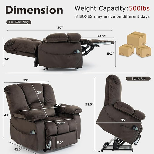 JIKFRIMA Big Man Recliner 500lbs Power Lift Recliner Chair for Big Tall Elderly Adults Oversized Lay Flat Lift Recliner with Extended Footrest,Heat Massage,Flip Arm Storage Cup Holders,USB Type C