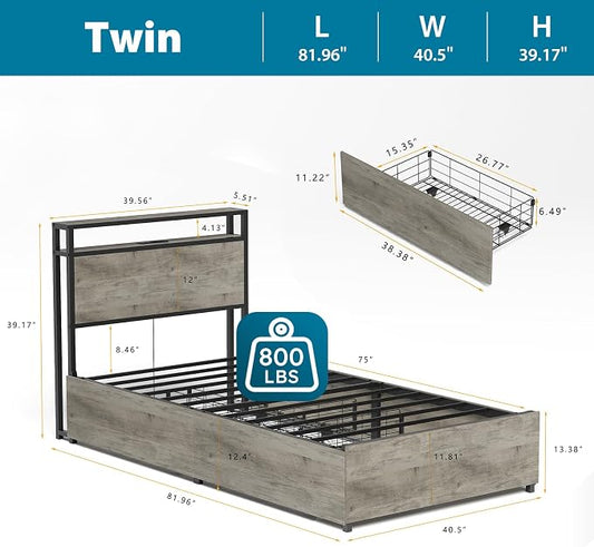 Kiivakii Twin Size Bed Frame with 4 Storage Drawers, LED Platform Bed with Headboard, Built in Charging Station, Noise-Free, Metal Support Base, No Box Spring Needed, Gray