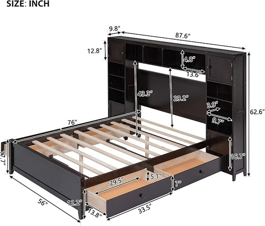 Merax Full Size Wooden Bed with All-in-One Cabinet and Shelf, White Modern Platform Bed Frame with 4 Storage Drawers for Bedroom and Apartment