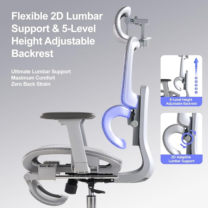 Office Chair with Footrest, Ergonomic Chair with Neck Pillow & Rubber Wheels, Computer Chair with Adjustable Backrest & 3D Armrests Headrest, Gaming Chair Adaptive Lumbar Support, Grey