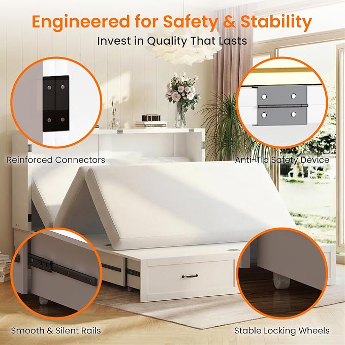 CECER Queen Size Murphy Bed with Storage & Charging Station,Multi-Functional Murphy Cabinet Bed with Mattress Included for Bedroom/Guest Room/Small Space,Easy Assembly -White | Built-in Multi-Port Charging Station ＆ Large Storage Drawer，Sturdy frame ＆ ...