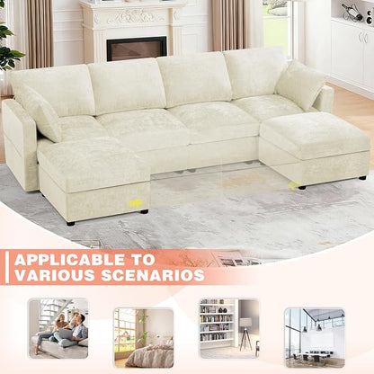 110” Chenille 4-Seats Sofa W/Two Movable Ottomans, Beige | Modern Fabric U-Shaped Couch w/Soft Backrests, Upholstered Sectional Sofa w/Arm Pillows for Living Room, Office