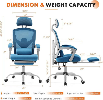 Sweetcrispy Office Computer Desk Chair Set of 2, Ergonomic High-Back Mesh Rolling Work Swivel Chairs with Wheels, Comfortable Lumbar Support, Comfy Arms for Home, Bedroom, Study, Student, Blue