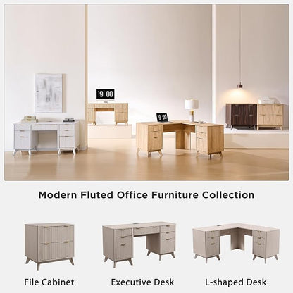 T4TREAM Fluted Executive Desk with Drawers, 60" Modern Home Office Computer Desk with Charging Station, File Cabinet, Keyboard Tray and Storage Cabinet for Study, Living Room, Bedroom, Alder White