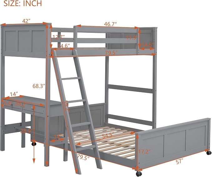 Ball & Cast Twin Over Full Bunk Bed with Safty Guardrail & Stairway,Heavy Duty Wood Loft Bedframe W/Desk & Drawers,Easy Assembly,Versatile Functional Bedroom Furniture Set for Boy Girl Teens,Gray