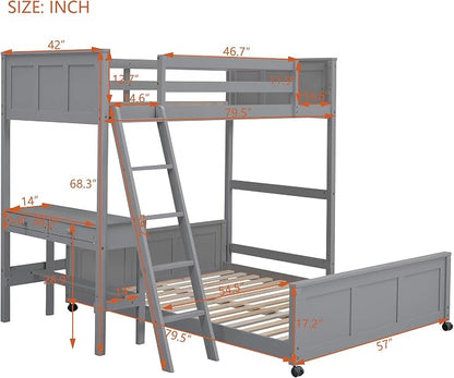 Ball & Cast Twin Over Full Bunk Bed with Safty Guardrail & Stairway,Heavy Duty Wood Loft Bedframe W/Desk & Drawers,Easy Assembly,Versatile Functional Bedroom Furniture Set for Boy Girl Teens,Gray