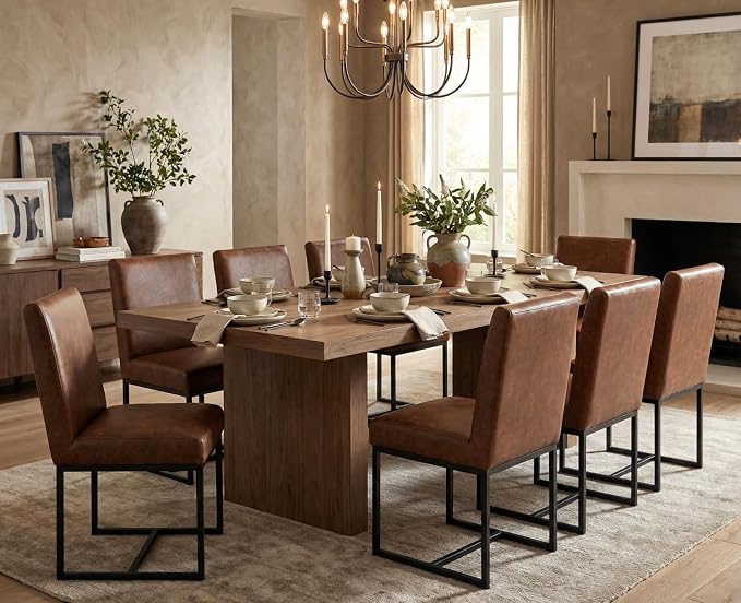 CIMOTA Modern Dining Chairs Set of 8, Leather Dining Room Chairs Upholstered Mid Century Armless Guest Side Chair with Black Base for Dining Room/Kitchen, Vintage Brown 8PCS