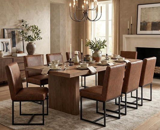 CIMOTA Modern Dining Chairs Set of 8, Leather Dining Room Chairs Upholstered Mid Century Armless Guest Side Chair with Black Base for Dining Room/Kitchen, Vintage Brown 8PCS