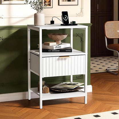 VINGLI White Nightstand with Charging Station and Fabric Drawer, Fluted Night Stand/Bedside Table, Small Night Stand with Charger Station for Bedroom, Dorm, 14.96" W*11.81" D*23.7" H, 1 pc