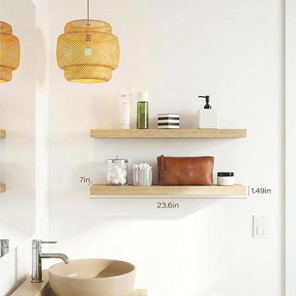 Bathroom Floating Shelves for Wall-23.6'' Wall Mounted Shelves Over Toilet Farmhouse Home Decor Display Bookshelf,Set of 2,Oak