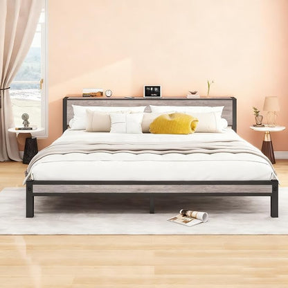 DUMEE King Bed Frame with Wood Storage Headboard, Metal Platform Bed Frames King Size, No Box Spring Needed, Noise Free, Black & Grey