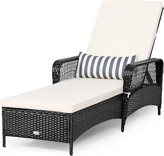 COSTWAY PE Rattan Chaise Lounge Chair Armrest Recliner Adjustable Pillow Black
