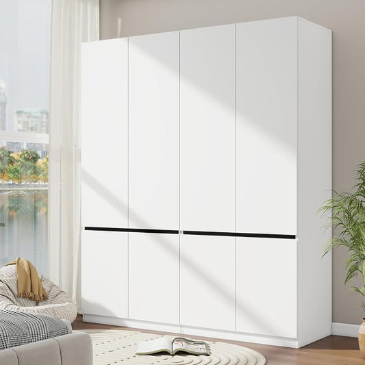 Bedroom Armoire Wardrobe Closet with 4 Doors: 75" White Wardrobe Cabinet for Clothes, Wooden Closet with Hanging Rod, Modern Armoire with Shelves (2)