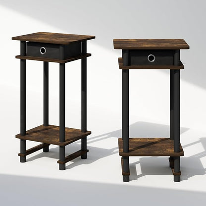 Furinno Turn-N-Tube Tall Nightstand with Bin, 2-Pack, Plastic Poles, Amber Pine/Black | Tall Narrow, Open Shelf Design Nightstand with Storage Bin, Bedside Table, End Table, Side Table, for Bedroom, Closet, Dorm