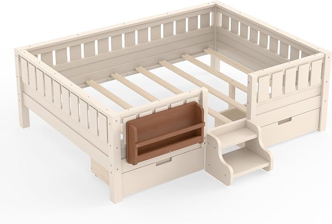 Bellemave Full Floor Bed with Stairs, Rails and Slats, Full Size Montessori Floor Bed with Bookshelf and 2 Storage Drawers, Easy Assemble Montessori Beds Frame for Girls, Boys, Light Beige