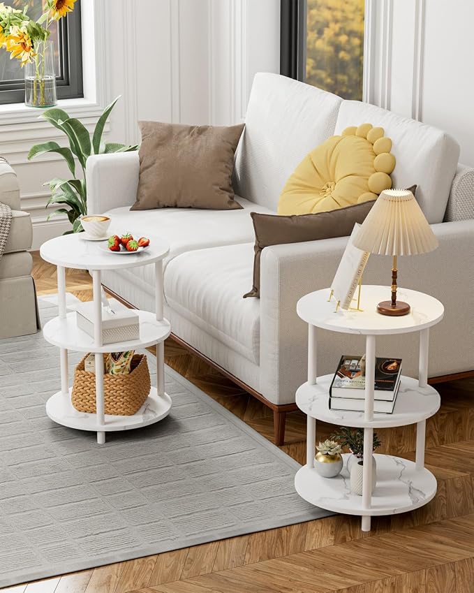 XBurmo Round Coffee Table for Living Room - Narrow Side or Bedside Stand, Industrial Vintage Nightstand for Bedroom, or Small Spaces, Marble White