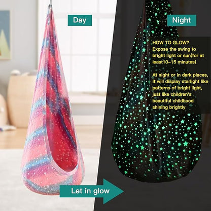 Kids Pod Swing Seat, Flannel Sensory Swing Chair Nightglow with PVC Inflatable Cushion, Hanging Hammock Chair for Indoor＆Outdoor Use