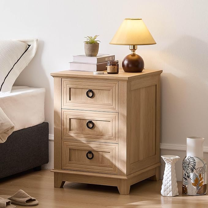 Joaxswe 18" Farmhouse Night Stand with 3 Drawers, Wood End Table for Bedroom, Natural Wood Nightstand, Bed Side Table with Metal Handle, Bedside Cabinet for Bedroom Living Room