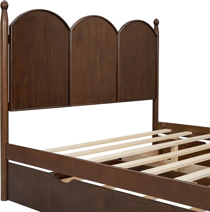 Merax Queen Size Platform Bed with 2 Storage Drawers and Twin XL Size Trundle, Rustic Design Wooden Bed Frame, Walnut