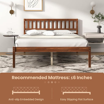 Giantex Wood Full Size Bed Frame with Headboard, Mid Century Solid Wood Bed with Slat Support, No Box Spring Needed, Double Bed Frame with 16" Under Bed Storage, Walnut