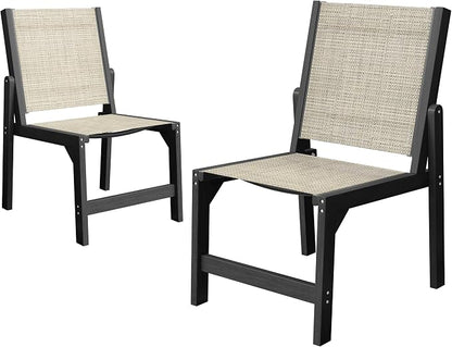 Patio Stackable Chairs Set of 2, HDPE Armless Outdoor Dining Chairs with Wide Seat, All-Weather Textilene Oversized Porch Chair for Garden, Poolside, Backyard, Deck | Black