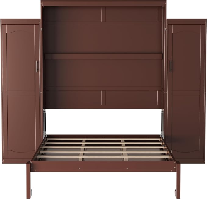 Merax Queen Size Wood Murphy Bed, with 2 Wardrobe and Storage Shelf, Multifunctional Foldable Wall Platform Bedframe for Guest-Room, Bedroom, Walnut