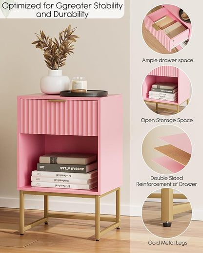 Masupu Fluted Nightstand, Modern Night Stand Wood Bedside Table with Storage Drawer Side End Table for Bedroom, Office, Pink