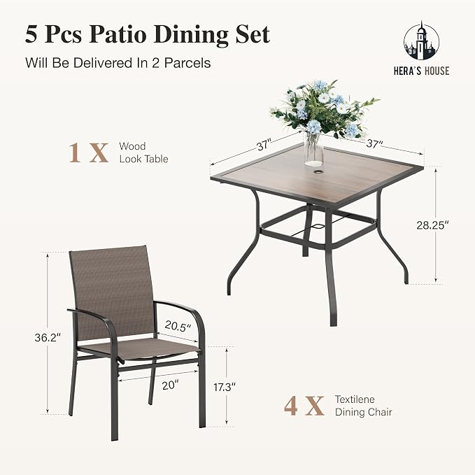 HERA'S HOUSE Patio Table and Chairs for 4, 5 Pieces Outdoor Deck Dining Sets, Square Metal Table Set with Chairs for Lawn Garden Backyard, Brown