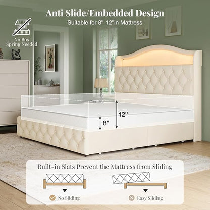 Queen Size Bed Frame and Headboard & 4 Storage Drawers, Upholstered Platform Bed Frame with RGB LED Lights & Charging Station, No Box Spring Needed, Easy Assembly, Noise-Free, Beige