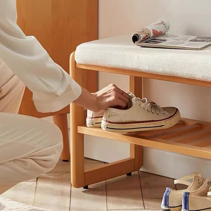 Shoe Rack Storage Bench -Beech Wood Shoe Shelf with Cushioned Seat and Organizer Compartment, Upholstered Bench Minimalist Shoe Rack Benchfor Closet, Entryway, Hallway, Bedroom(45*30*42CM, A)