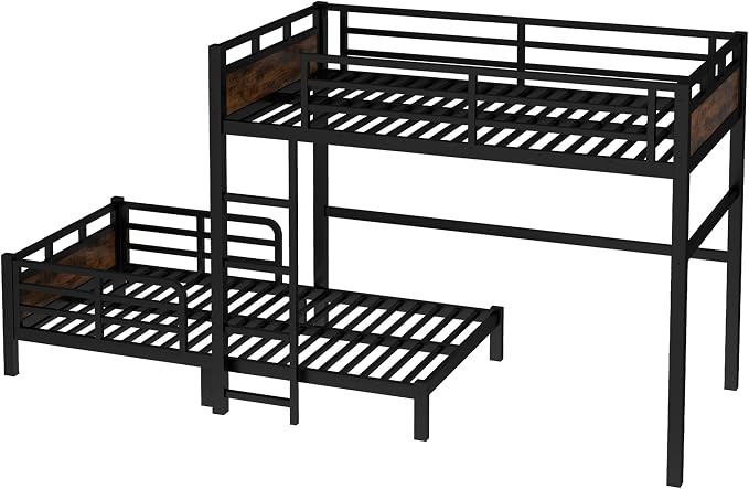 Twin XL Over Twin XL Metal Bunk Bed, Heavy Duty Convertible Bunk Bed Frame with Headboard & Full Guardrails, Can Be Split into Two Platform Beds or Loft Bed,Vintage