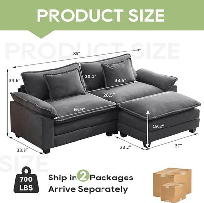 Oprisen 86" Modular Sectional Sofa, Comfy Cloud Couch Sectional Sofa with Ottoman, Velvet Sofa Sleeper Deep Seat Sofa with Throw Pillows for Living Room (Blue Gray, 86"- L Shape)