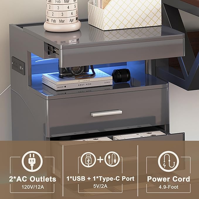 Treocho Led Nightstand with Hidden Space, Modern Night Stand with Charging Station, 3 Drawer Smart Nightstand with Glossy Finish, Tall Bedside Table with RGB Lights for Bedroom, Grey