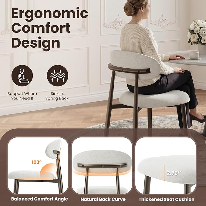 MALOL Dining Chairs Set of 6, Upholstered Kitchen & Dining Room Chairs with Curved Back and Bronze Metal Legs, Comfortable Modern Dining Side Chairs for Dining Room, Kitchen, Beige