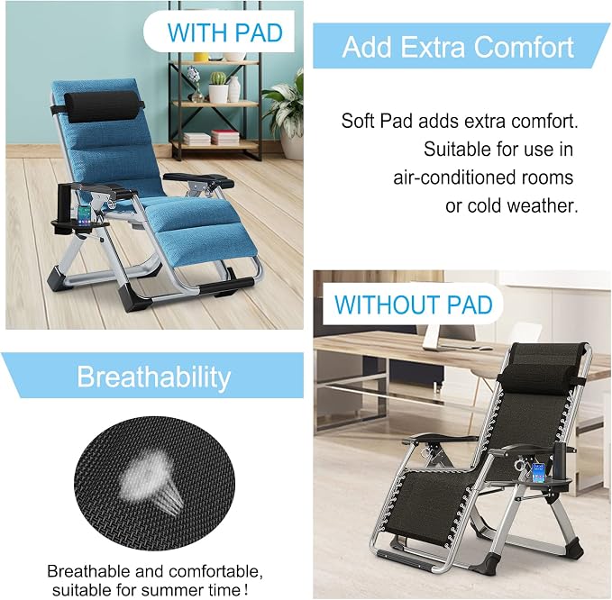 Zero Gravity Chair, Lawn Recliner, Reclining Patio Lounger Chair, Folding Portable Chaise with Detachable Soft Cushion, Cup Holder, Headrest
