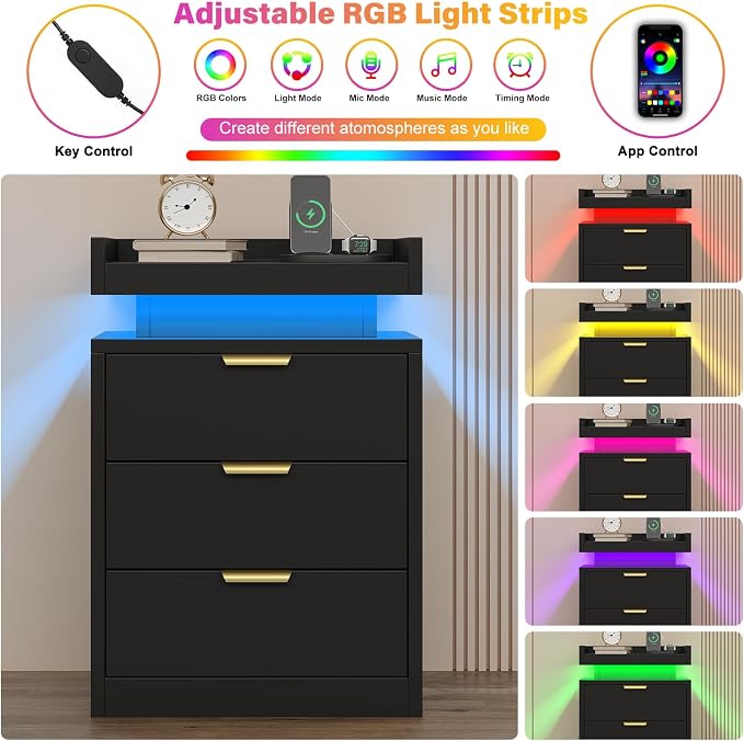 knoworld LED Nightstand with Charging Station & USB Ports, 3-Drawer Bedside Table with Adjustable RGB LED Lights, High-Gloss Modern Nightstands for Bedroom, Black