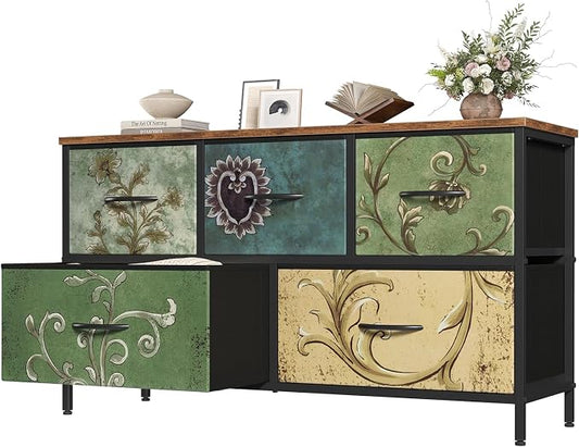 OLIXIS 5 Drawer Dresser for Bedroom, Storage Organizer Unit for Closet | Chest of Drawers for Clothes Storage with Bins, Wide Fabric Bedroom Dresser, Wooden Top, Living Room, Flower