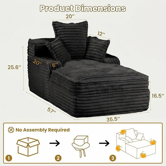 57 Inch Boneless Couch Lounge Chaise, Corduroy Upholstered Boneless Sofa Bed, Deep Seat Sleeper Couch Reading Chairs, Cozy Cloud Sofa Couches for Small Spaces, No Assembly Required, Black