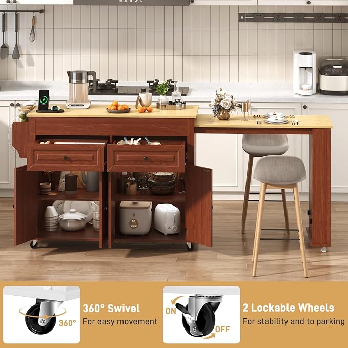 80"-48" Extendable Kitchen Island with Extended Dining Table and Power Outlet,Large Mobile Kitchen Storage Islands with 2 Storage Drawers,Rolling Islands Cart with 3 Extra Rows Open Shelves(Brown)
