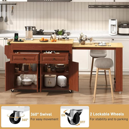 80"-48" Extendable Kitchen Island with Extended Dining Table and Power Outlet,Large Mobile Kitchen Storage Islands with 2 Storage Drawers,Rolling Islands Cart with 3 Extra Rows Open Shelves(Brown)