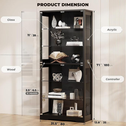 BROTTAR Display Cabinet with Glass Door, 6-Tier 71" Curio Cabinet with 3 Color Lights for Collectibles, Display Case with Adjustable Glass Shelves, Human Body Sensor, Storage Cabinets, Black