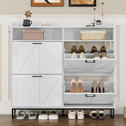 BORNOON Shoe Cabinet with 4 Flip Drawers Narrow Shoe Storage Cabinet Organizer Wooden Freestanding Shoe Rack Hidden Slim Shoes Storage Cabinet for Entryway, Hallway, Living Room, Bedroom