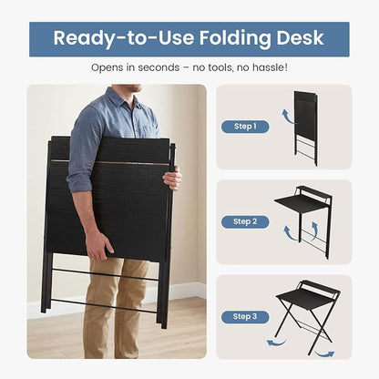 DUMOS Small Folding Desk with Shelf, No-Assembly Foldable Computer Desk for Tight Spaces, Portable Table for Bedroom, Home Office, Dorm or Apartment, Ink