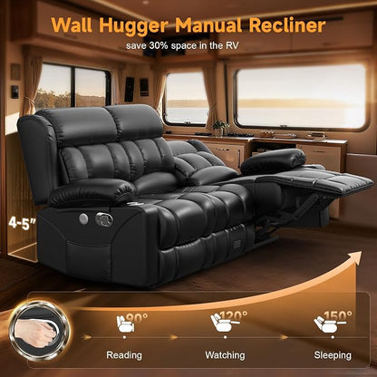 Loveseat Recliner Sofa with Flip Backrest Design, 3 Seat RV Recliner Sofa with USB Ports & Pockets, Wall Hugger Reclining Loveseat with Cup Holders & Drawer, RV Couch for Home Theater Seating