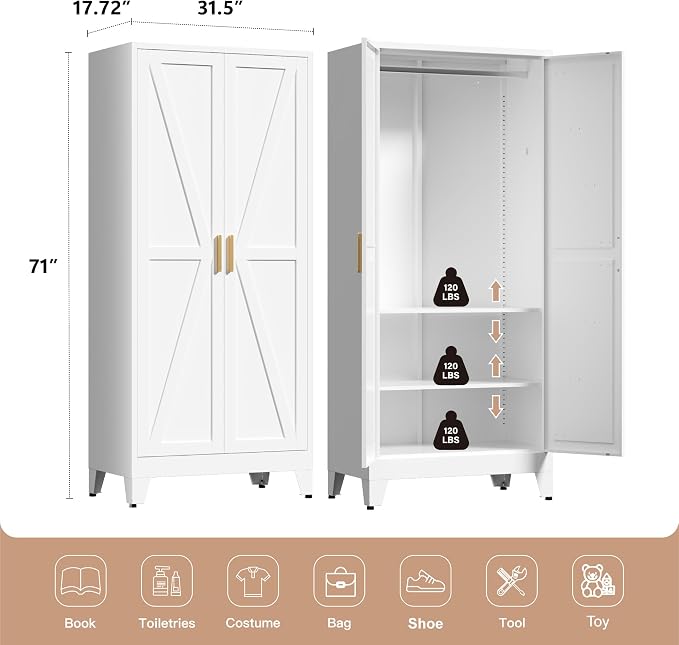 LCAOPC 71" Tall Metal Wardrobe Closet with Adjustable Shelves and Hanging Rod, 2 Doors Free Standing Armoire Wardrobe Cabinet for Bedroom, Office, Laundry Room, White