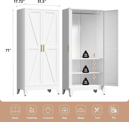 LCAOPC 71" Tall Metal Wardrobe Closet with Adjustable Shelves and Hanging Rod, 2 Doors Free Standing Armoire Wardrobe Cabinet for Bedroom, Office, Laundry Room, White